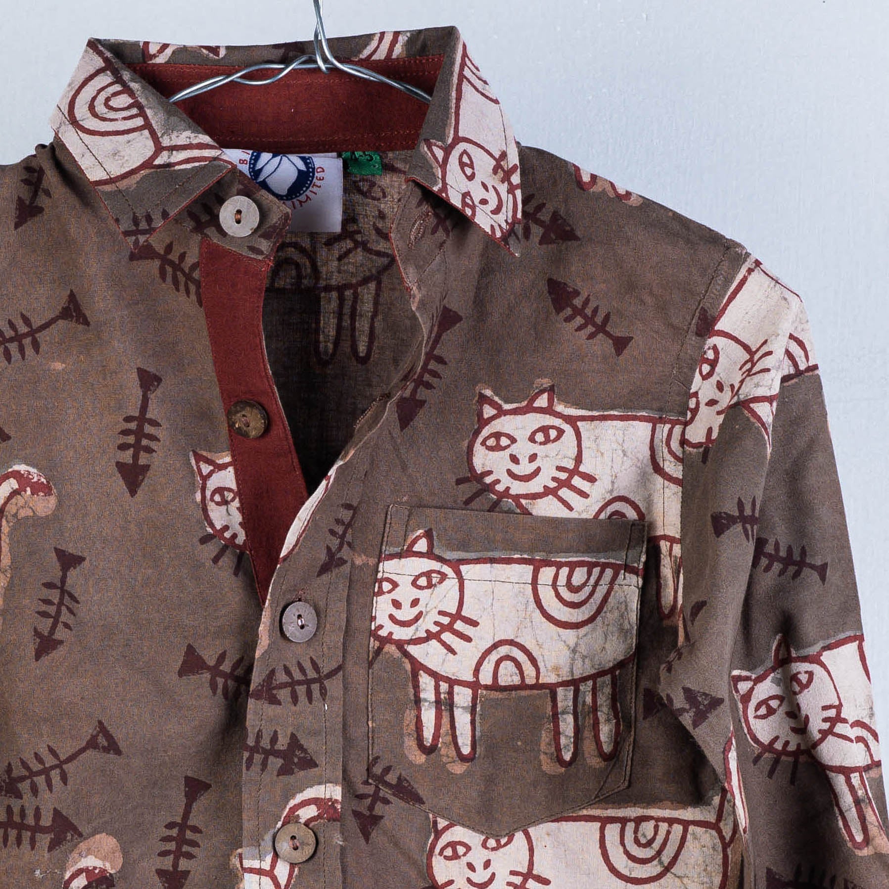 Brown - Block Art Printed Natural Dyed Cotton Kids Full Sleeve Shirt