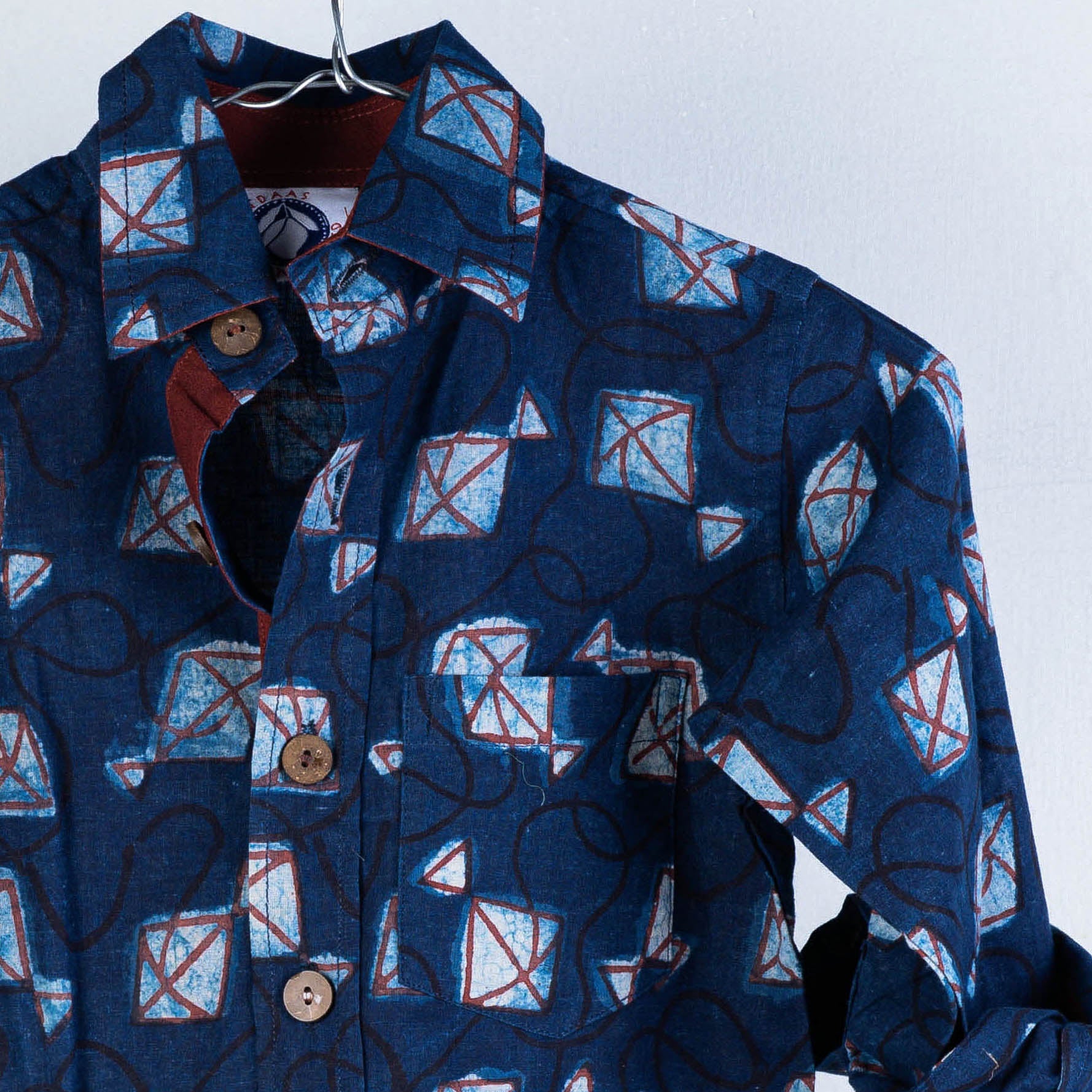 Blue - Block Art Printed Natural Dyed Cotton Kids Full Sleeve Shirt
