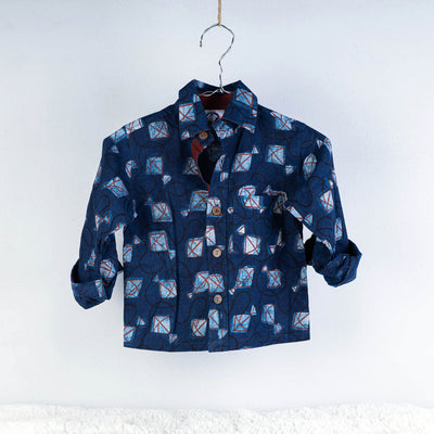 Blue - Block Art Printed Natural Dyed Cotton Kids Full Sleeve Shirt