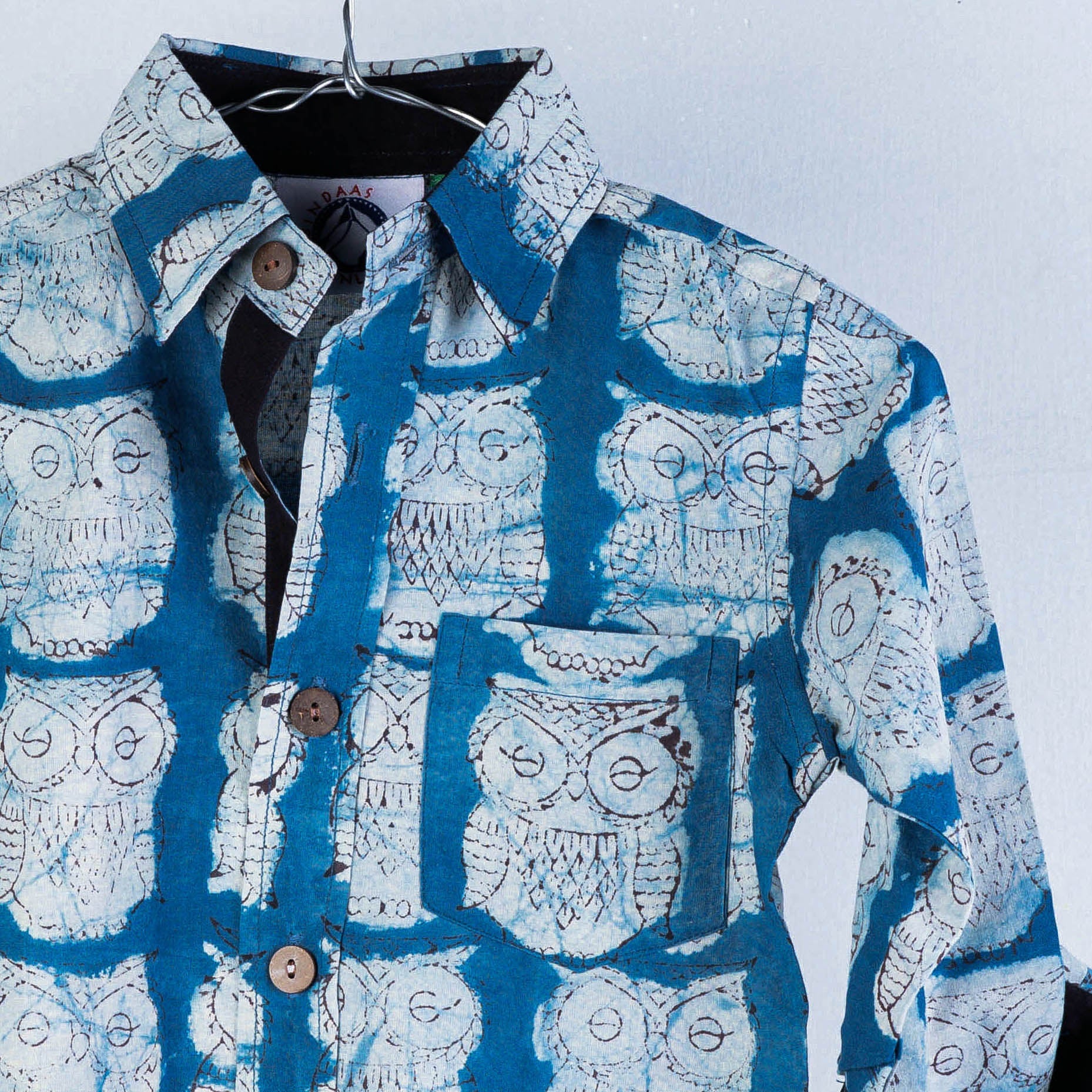 Blue - Block Art Printed Natural Dyed Cotton Kids Full Sleeve Shirt