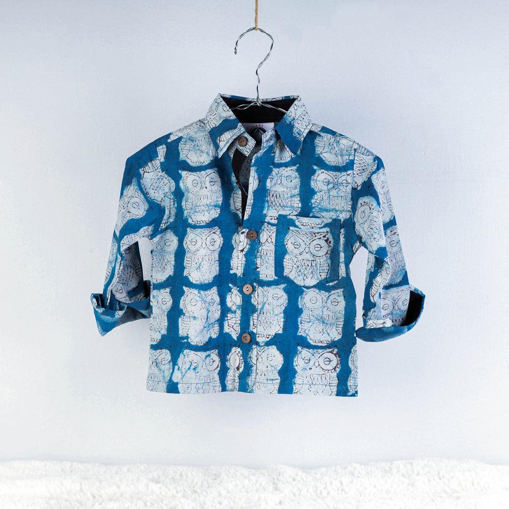 Blue - Block Art Printed Natural Dyed Cotton Kids Full Sleeve Shirt
