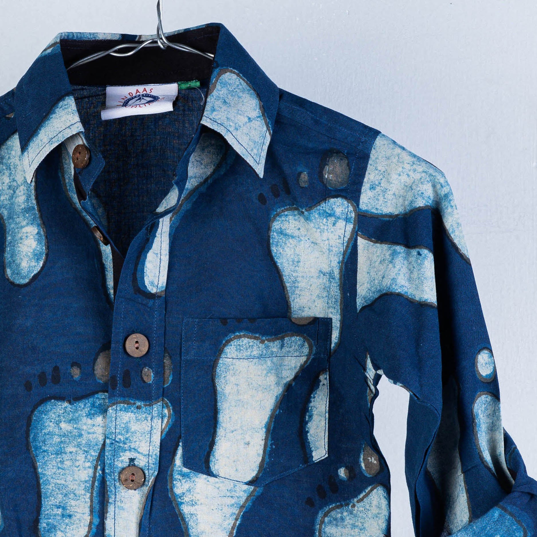 Blue - Block Art Printed Natural Dyed Cotton Kids Full Sleeve Shirt