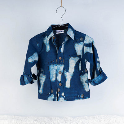 Blue - Block Art Printed Natural Dyed Cotton Kids Full Sleeve Shirt