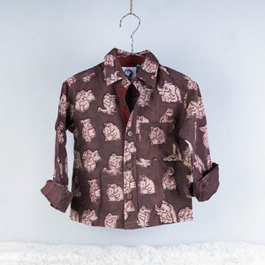Brown - Block Art Printed Natural Dyed Cotton Kids Full Sleeve Shirt