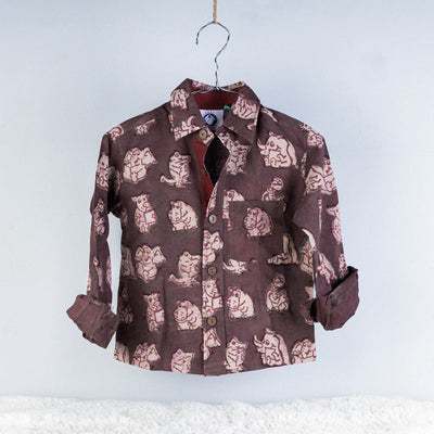 Brown - Block Art Printed Natural Dyed Cotton Kids Full Sleeve Shirt