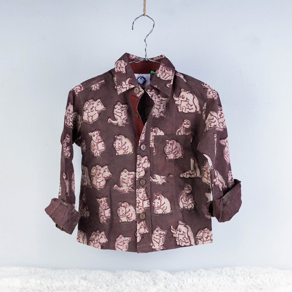 Brown - Block Art Printed Natural Dyed Cotton Kids Full Sleeve Shirt