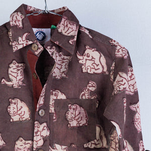 Brown - Block Art Printed Natural Dyed Cotton Kids Full Sleeve Shirt