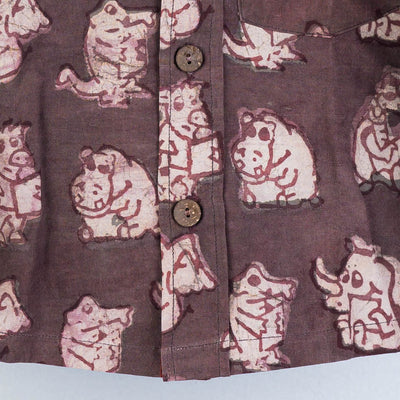 Brown - Block Art Printed Natural Dyed Cotton Kids Full Sleeve Shirt