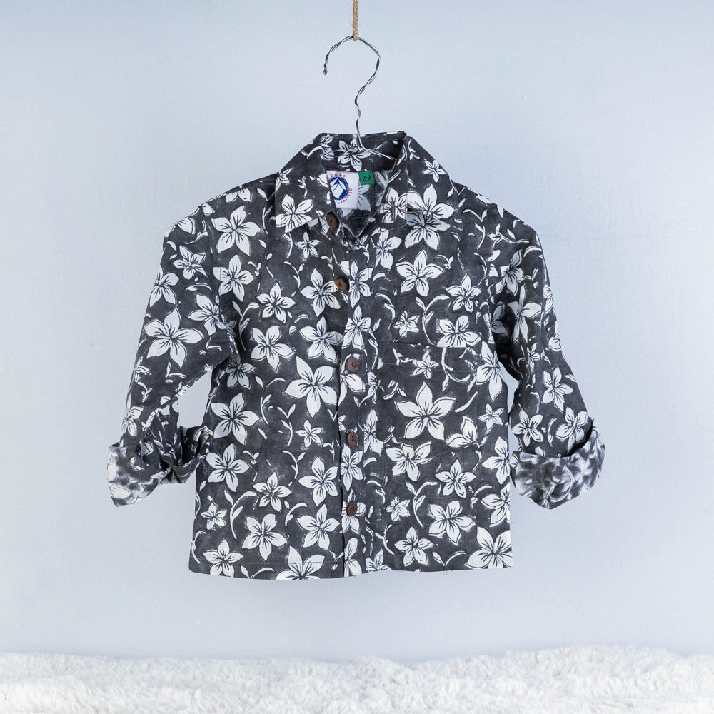Black - Sanganeri Block Printed Cotton Full-Sleeve Kids Shirt