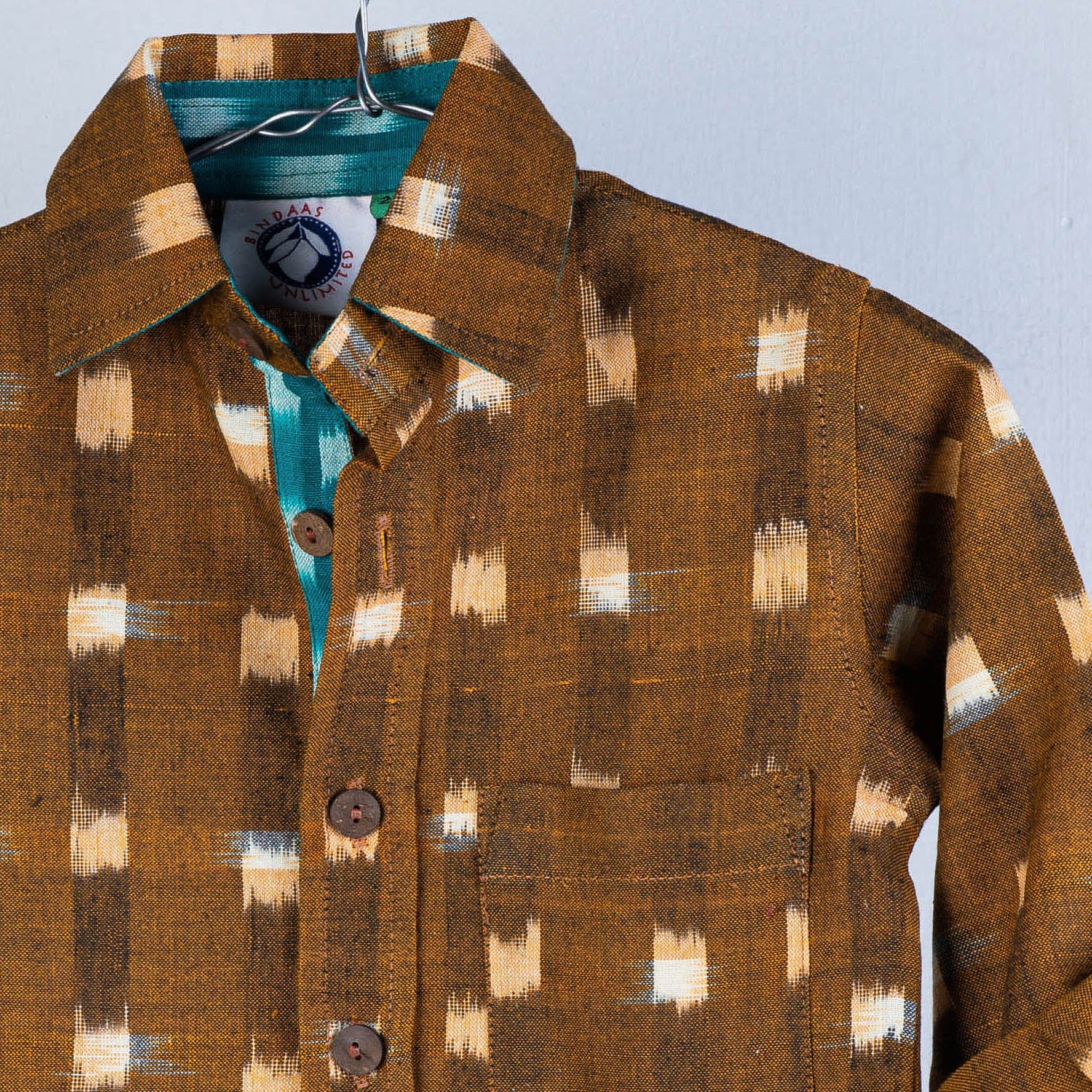 Brown - Ikat Weave Cotton Full-Sleeve Kids Shirt