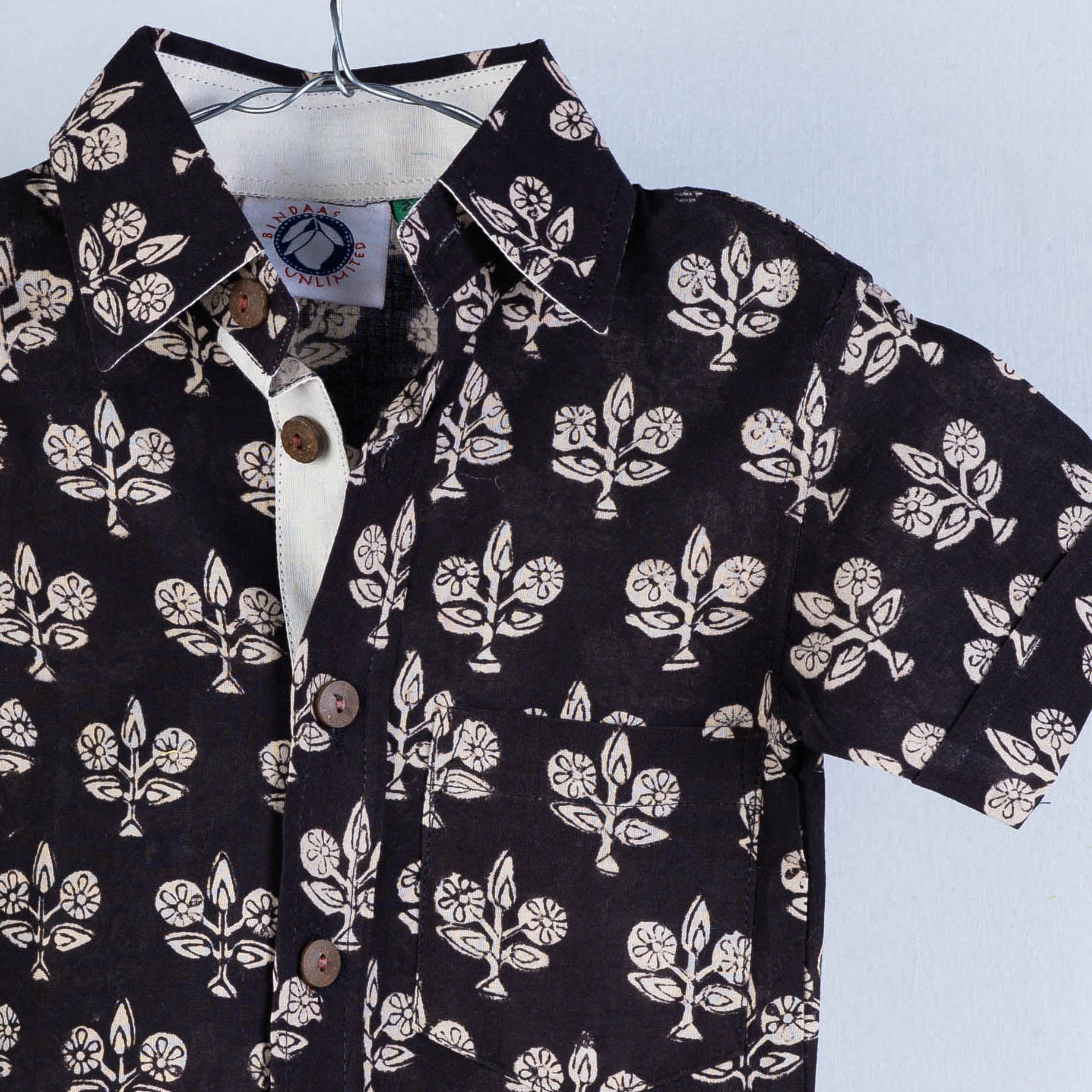 Black - Sanganeri Block Printed Cotton Half-Sleeve Kids Shirt