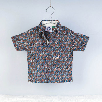 Brown - Sanganeri Block Printed Cotton Half-Sleeve Kids Shirt