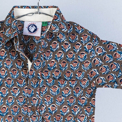 Brown - Sanganeri Block Printed Cotton Half-Sleeve Kids Shirt