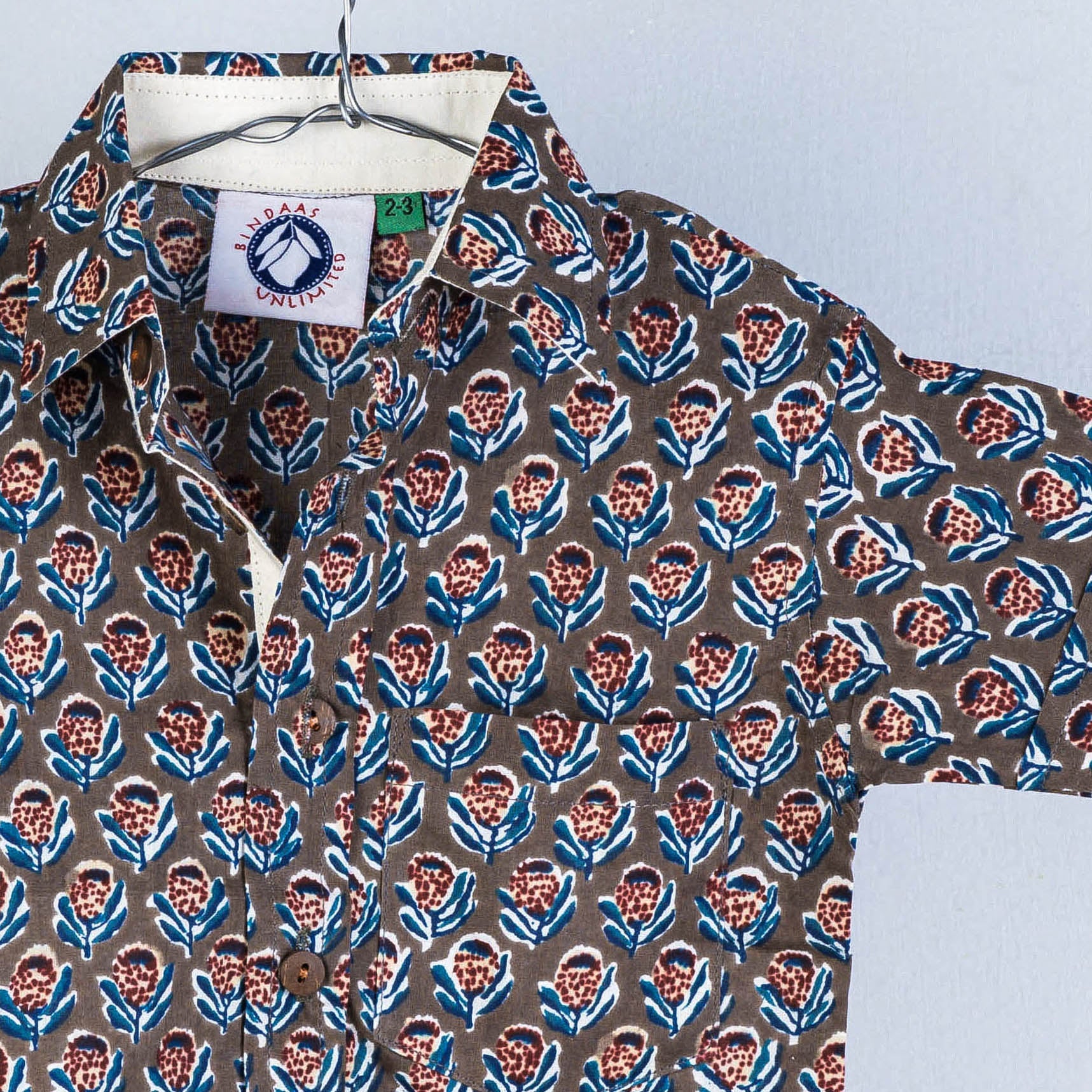 Brown - Sanganeri Block Printed Cotton Half-Sleeve Kids Shirt