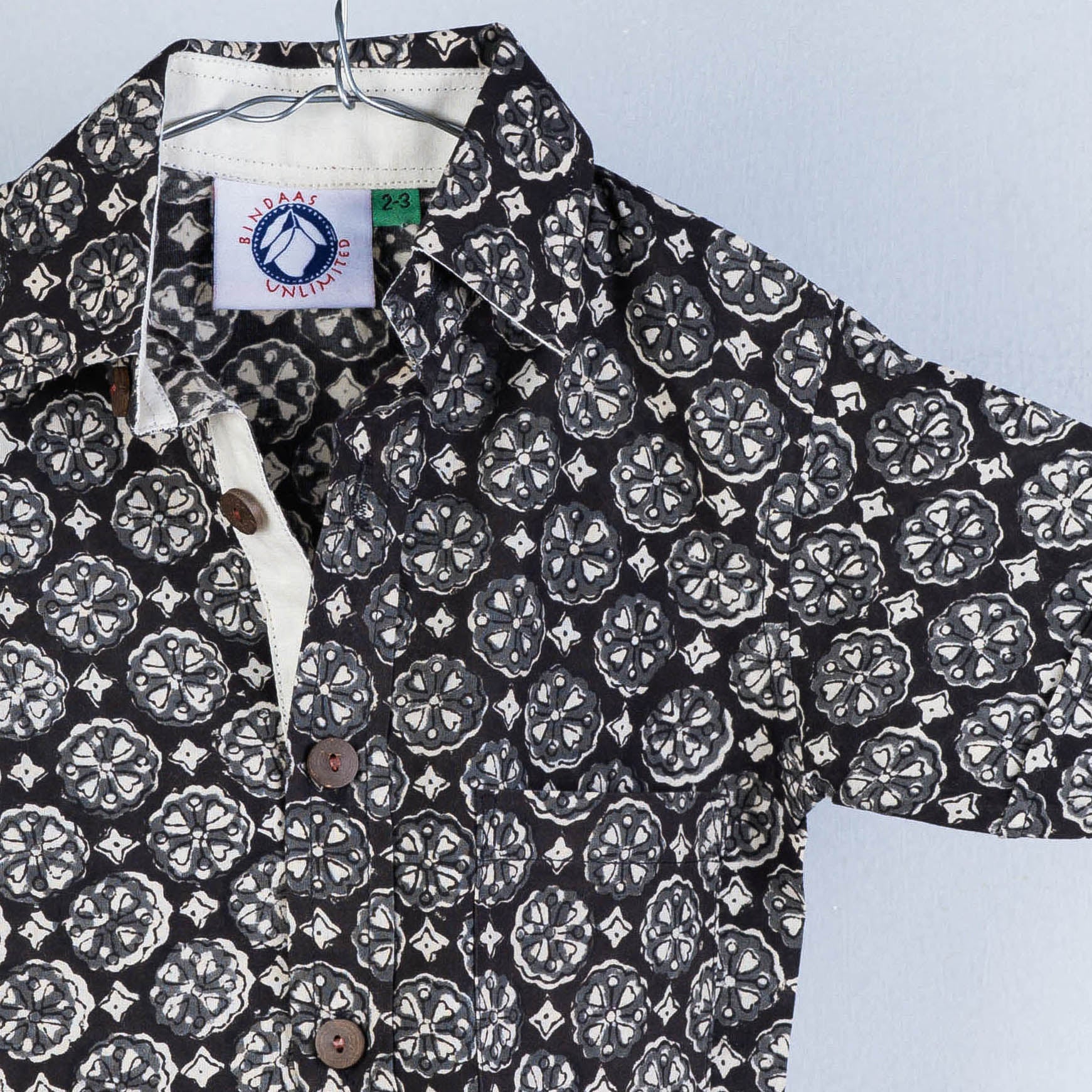 Black - Sanganeri Block Printed Cotton Half-Sleeve Kids Shirt