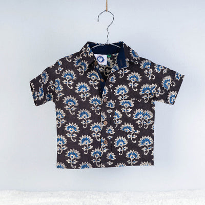 Brown - Sanganeri Block Printed Cotton Half-Sleeve Kids Shirt