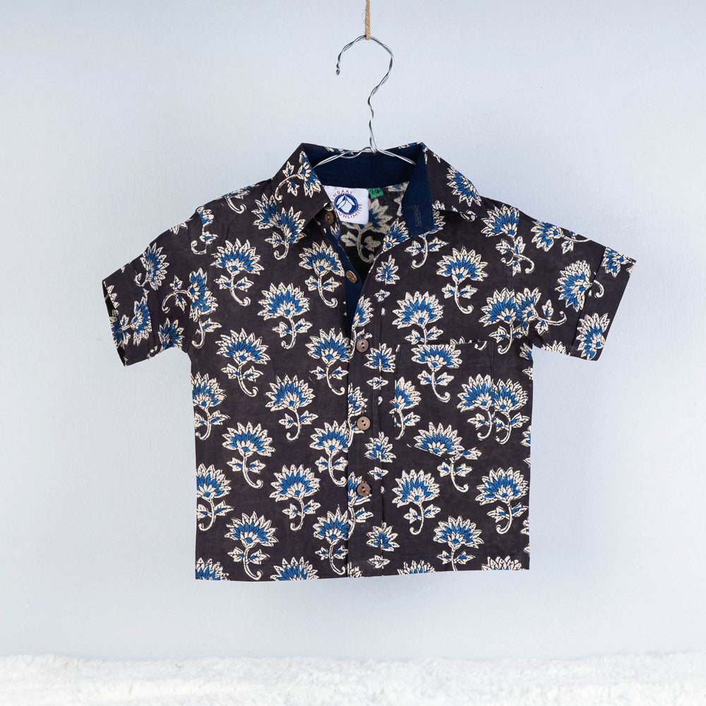 Brown - Sanganeri Block Printed Cotton Half-Sleeve Kids Shirt