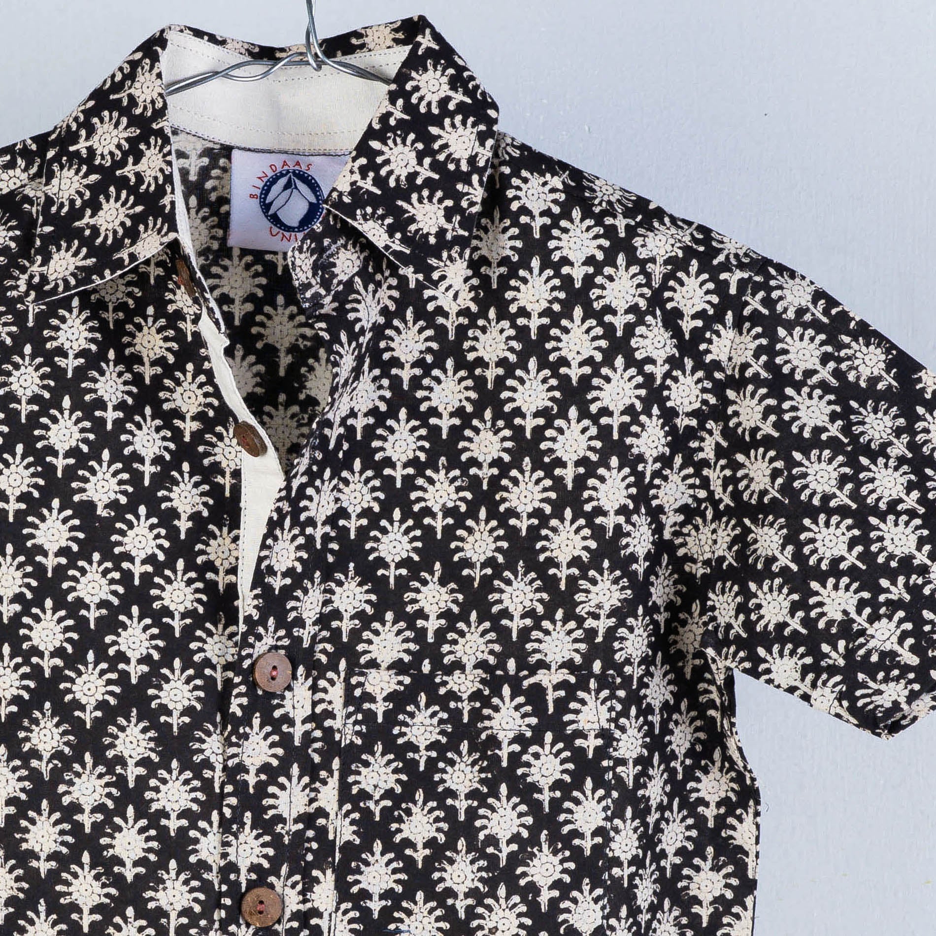 Black - Sanganeri Block Printed Cotton Half-Sleeve Kids Shirt