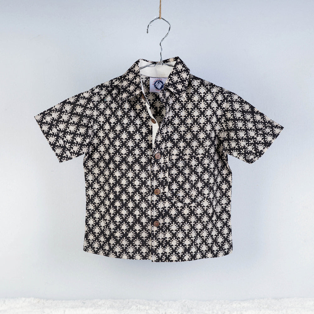 Black - Sanganeri Block Printed Cotton Half-Sleeve Kids Shirt