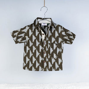 Brown - Ikat Weave Cotton Half-Sleeve Kids Shirt