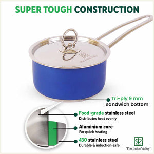 Tri-Steel Premium Stainless Steel Saucepan/ Milk/ Tea Pan, Tri-ply (3 Layer) Induction Bottom, Steel Lid, 1.4L, Blue