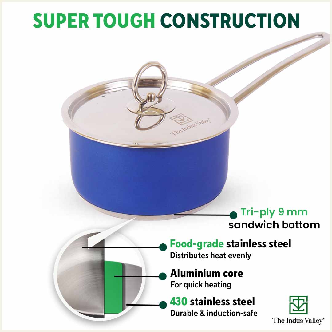Tri-Steel Premium Stainless Steel Saucepan/ Milk/ Tea Pan, Tri-ply (3 Layer) Induction Bottom, Steel Lid, 1.4L, Blue
