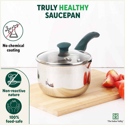 Tri-steel Stainless Steel Tea/Milk Pan with Spout & Glass lid, Premium Quality, Tri-ply (3 Layer) Bottom, 100% Toxin-free, Non-stick, Induction & Gas, 1 Litre
