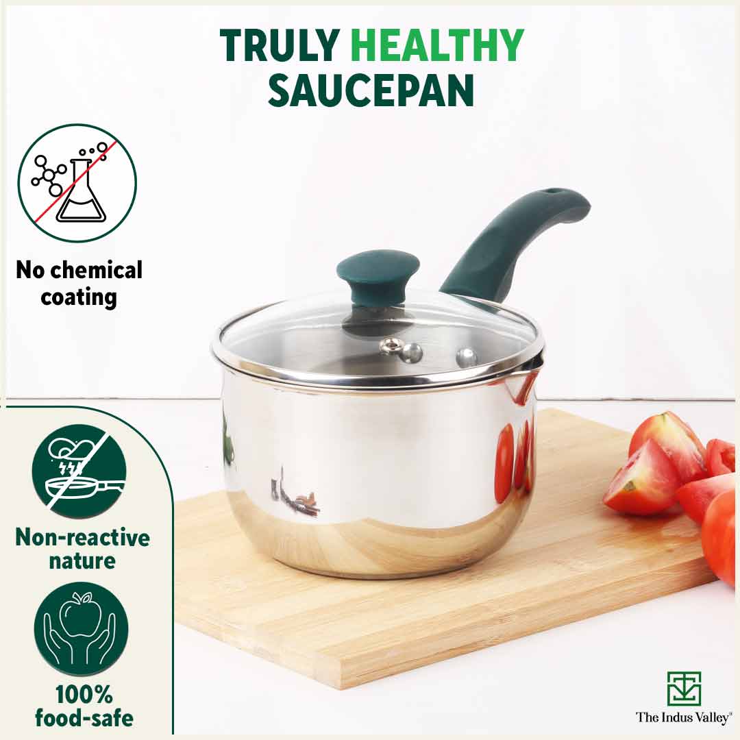 Tri-steel Stainless Steel Tea/Milk Pan with Spout & Glass lid, Premium Quality, Tri-ply (3 Layer) Bottom, 100% Toxin-free, Non-stick, Induction & Gas, 1 Litre