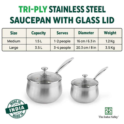 TurboCuk Tri-ply Stainless Steel Saucepan/ Milk/ Tea Pan+ Glass Lid, Premium Quality, 3 Layer Thick Body, 100% Toxin-free, Non-stick,  Induction & Gas, 1.5/3.5L