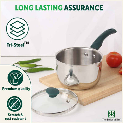 Tri-steel Stainless Steel Tea/Milk Pan with Spout & Glass lid, Premium Quality, Tri-ply (3 Layer) Bottom, 100% Toxin-free, Non-stick, Induction & Gas, 1 Litre