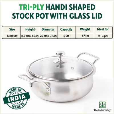TurboCuk Tri-ply Biryani Cooking Pot/Casserole+ Glass Lid, Wide Handi Shape, Premium Quality, 3 Layer Thick Body, 100% Toxin-free, Non-stick, Induction & Gas, 2L