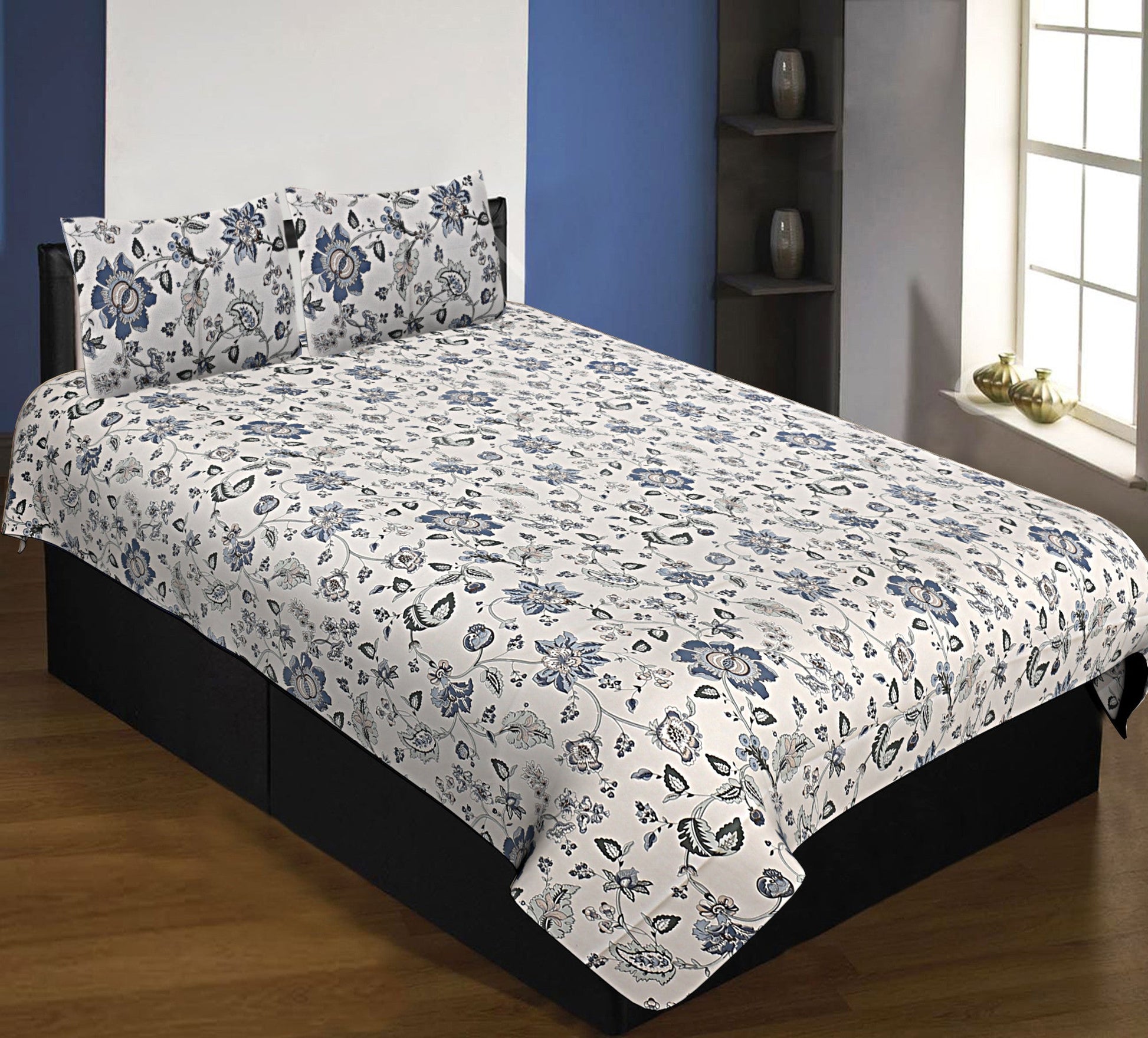 Pure Cotton 240 TC Single Bedsheet in blueish floral pattern