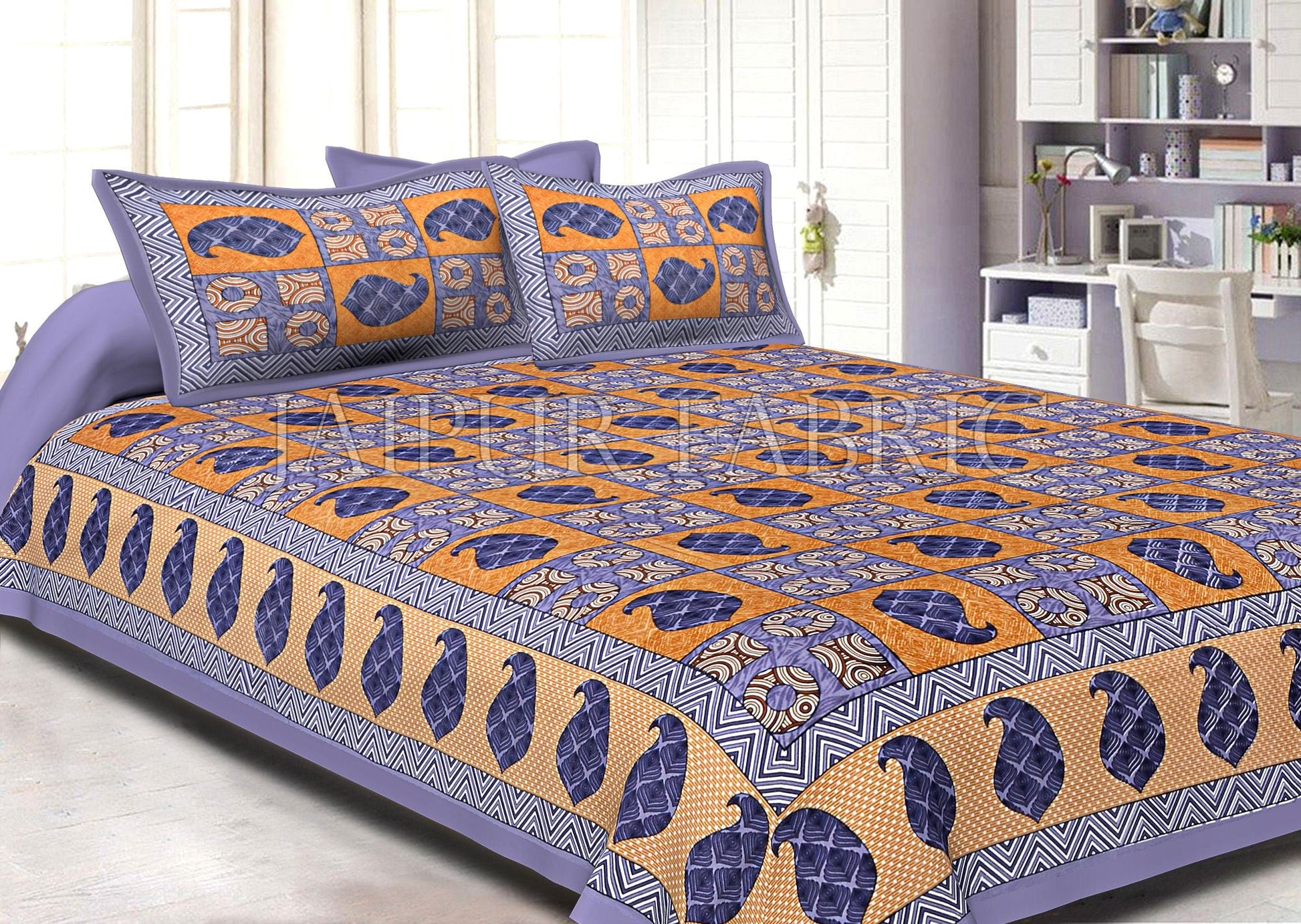 Keri Print Yellow Color Base with Gray Border Double Bed Sheet