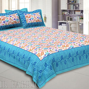 Green Border Flower and Leaf Printed Cotton Double Bed Sheet