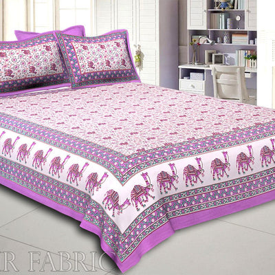 Purple Base Jaipuri Camel Printed Cotton Double Bed Sheet