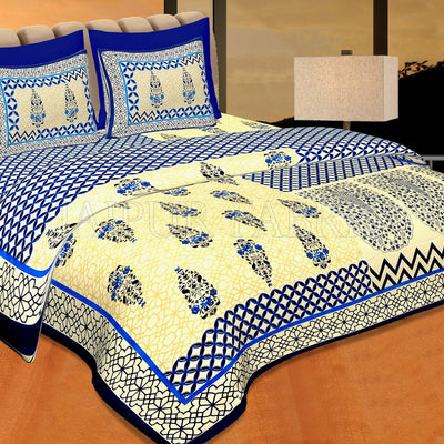 Navy Blue creame Base With Rangoli And Gamala Printin Designer Pattern Fine Cotton Poplin Double Bedsheet With Two Pillow