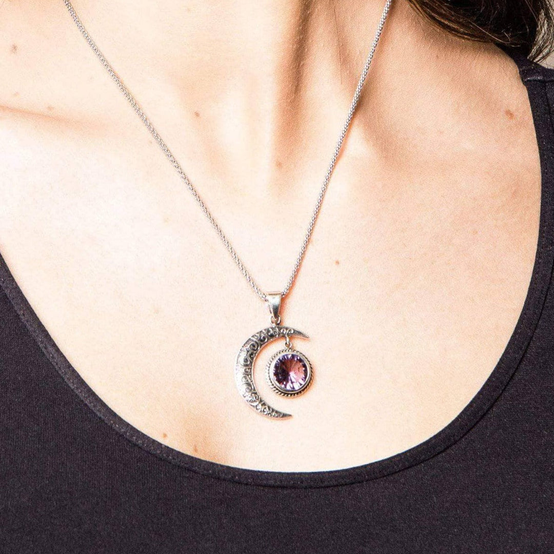 Gemstone Silver Moon Pendant Necklace