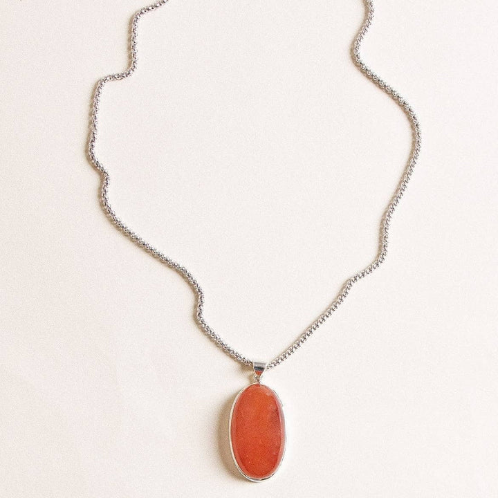 Carnelian Oval Pendant Necklace -24 inch Silver Chain