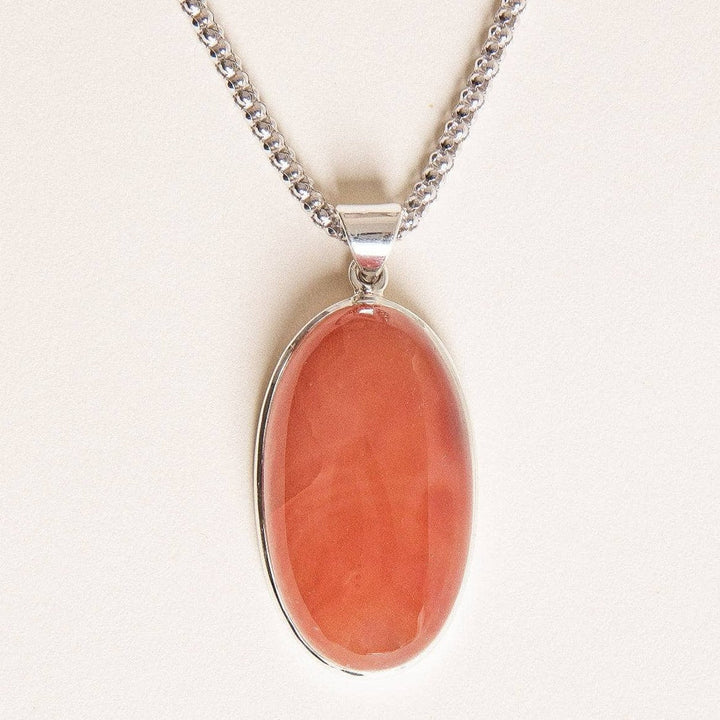 Carnelian Oval Pendant Necklace -24 inch Silver Chain