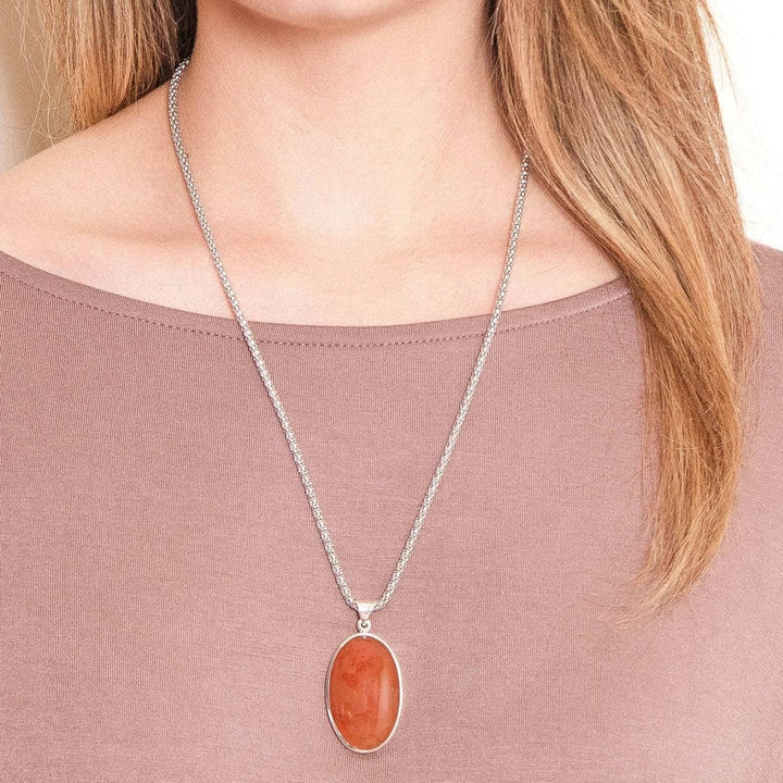 Carnelian Oval Pendant Necklace -24 inch Silver Chain