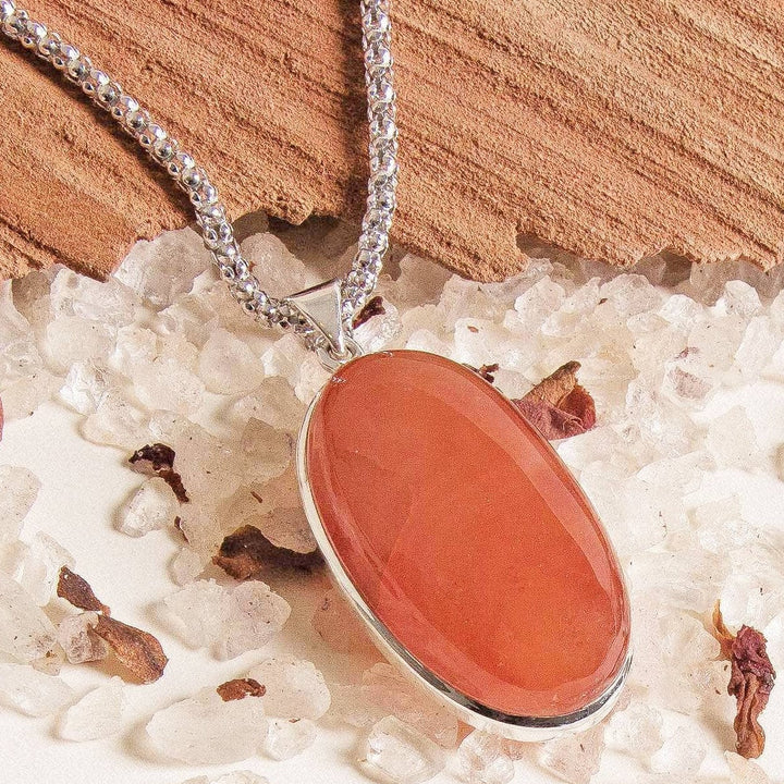 Carnelian Oval Pendant Necklace -24 inch Silver Chain