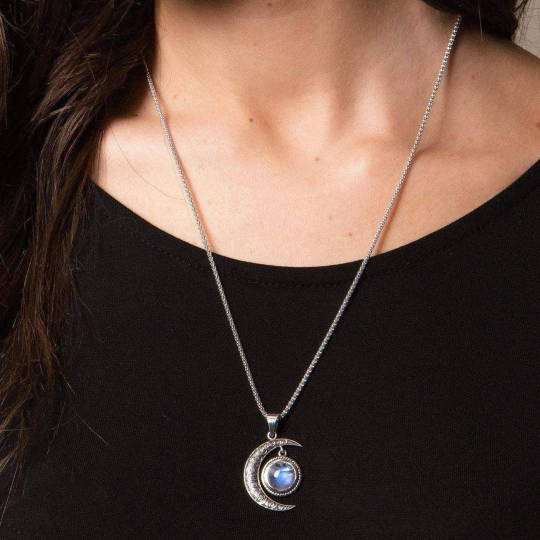 Gemstone Silver Moon Pendant Necklace