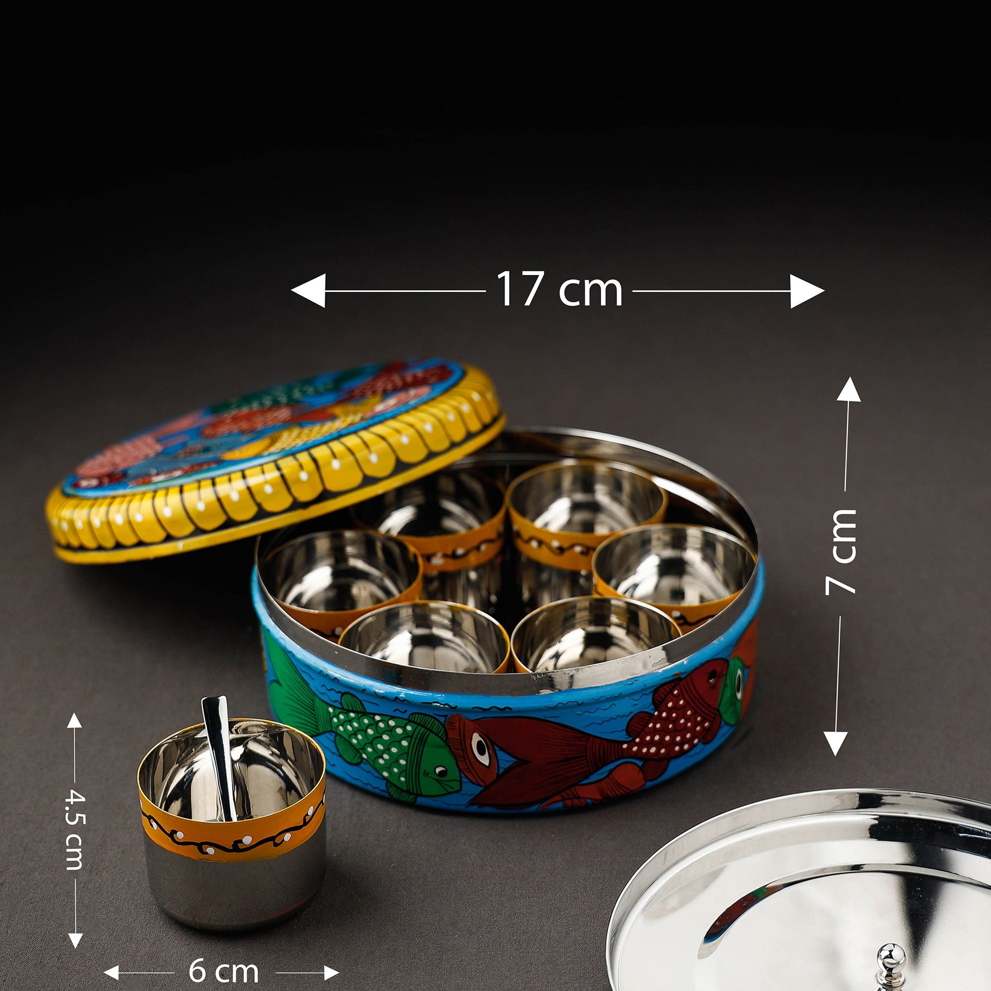 Blue - Bengal Patua Handpainted Stainless Steel Masala Box (7.5 x 7.5 in)