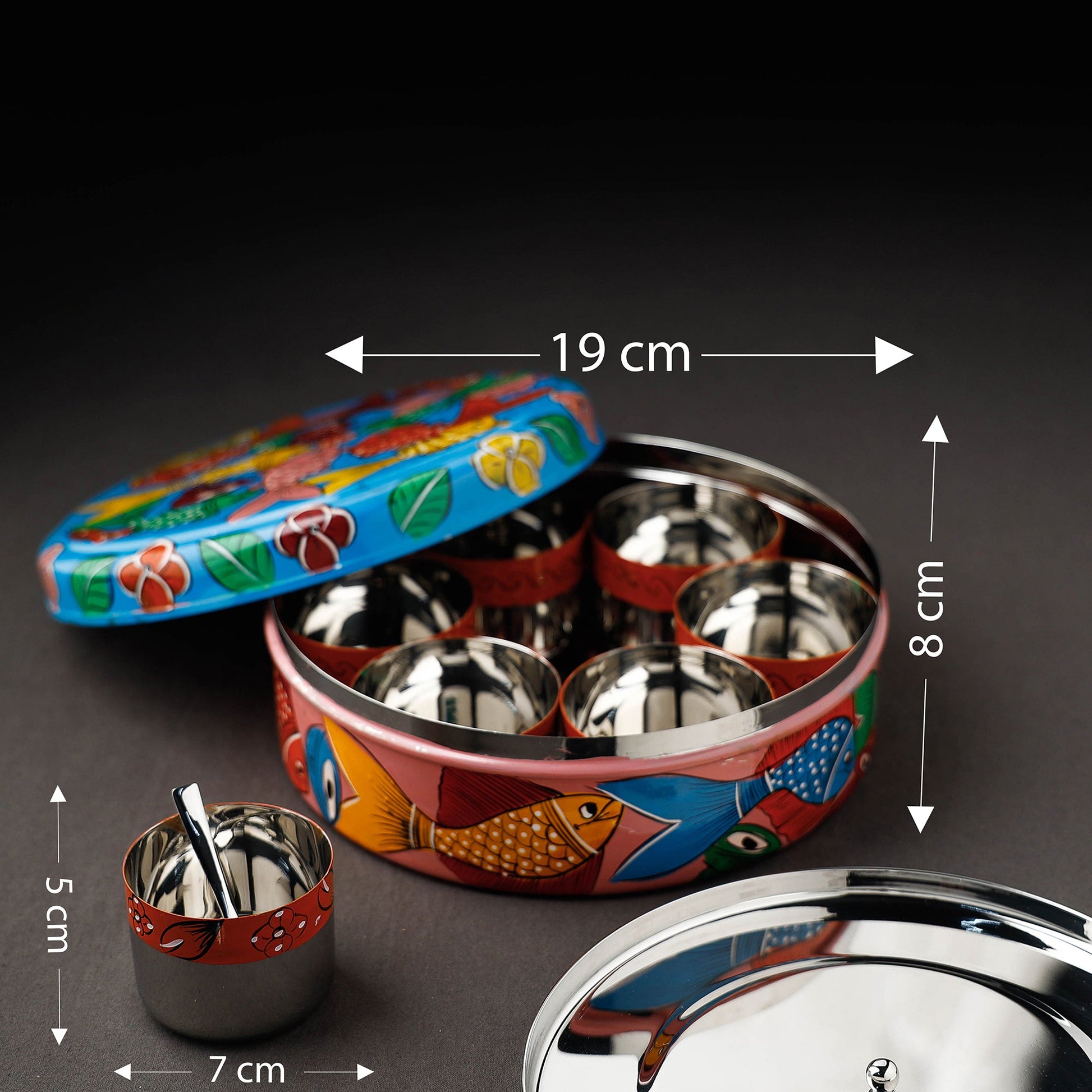 Blue - Bengal Patua Handpainted Stainless Steel Masala Box (7.5 x 7.5 in)