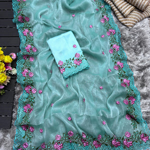 Sky Blue Crush Silk Saree with Intricate Floral Embroidery & Matching Blouse