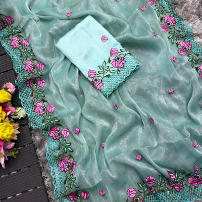 Sky Blue Crush Silk Saree with Intricate Floral Embroidery & Matching Blouse