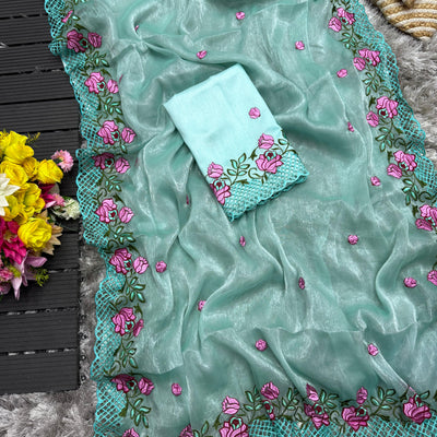 Sky Blue Crush Silk Saree with Intricate Floral Embroidery & Matching Blouse