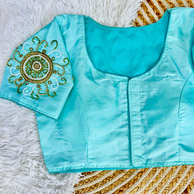 Sky Blue Golden Handcrafted Makhana Silk Blouse with White Pearl Accents