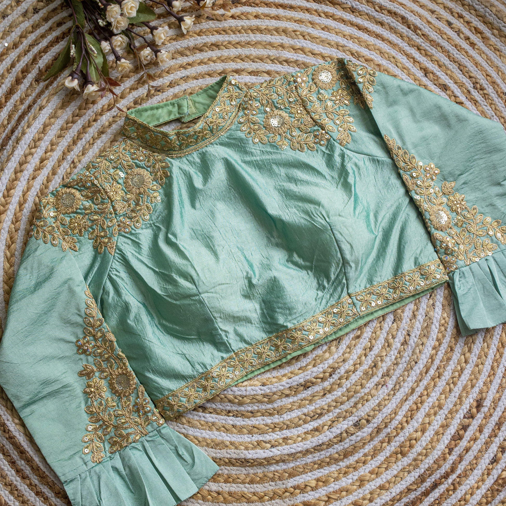 Sky Blue Golden Sequence Embroidered Blouse in glossy silk