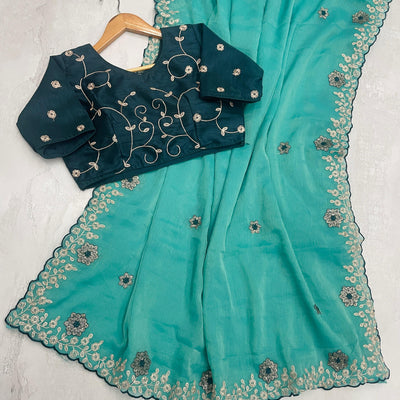 Sky Blue Kasoli Silk Saree with Beautiful Embroidery and Contrast Thread Work